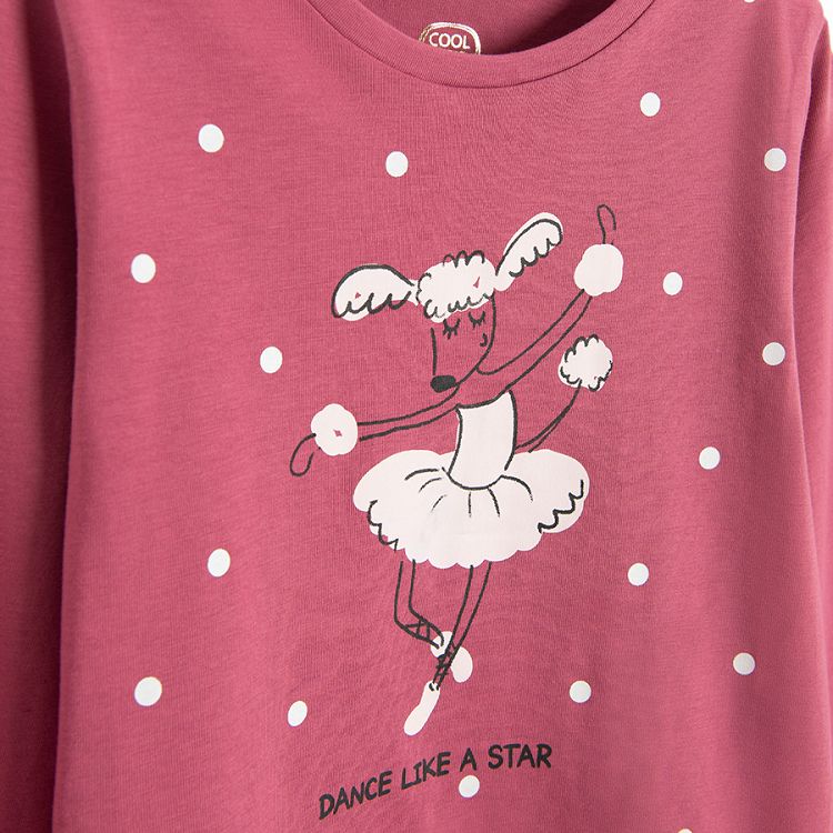 Burgundy long sleeve blouse with dog as ballerina print