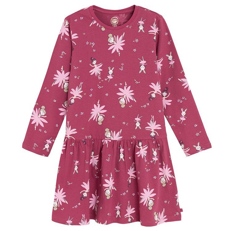 Burgundy long sleeve dress with princesses print