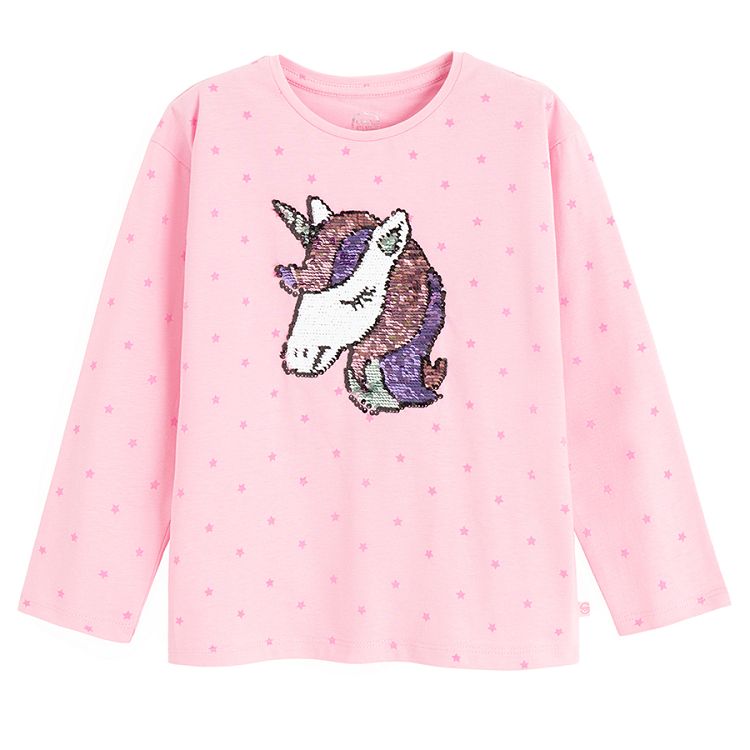 Pink long sleeve blouse with unicorn print