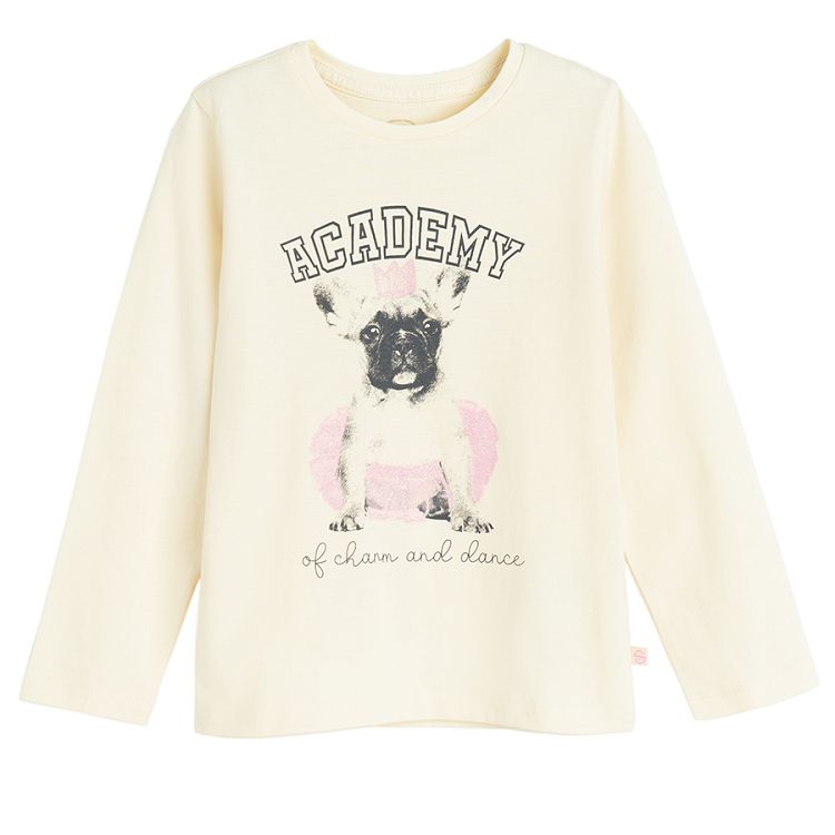 White long sleeve blouse with dog in ballerina outfit print