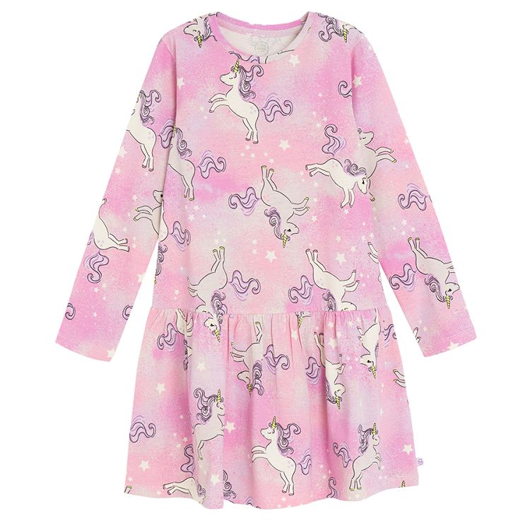 Pink long sleeve dress with unicorn prints