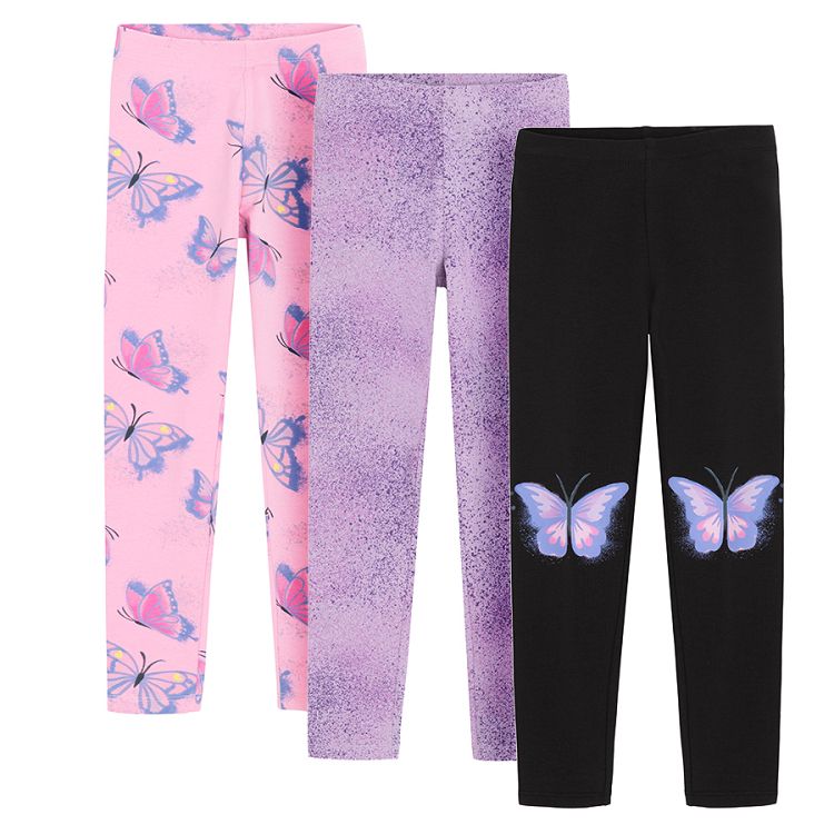 Grey and pink with butteflies and purple print leggings - 3 pack