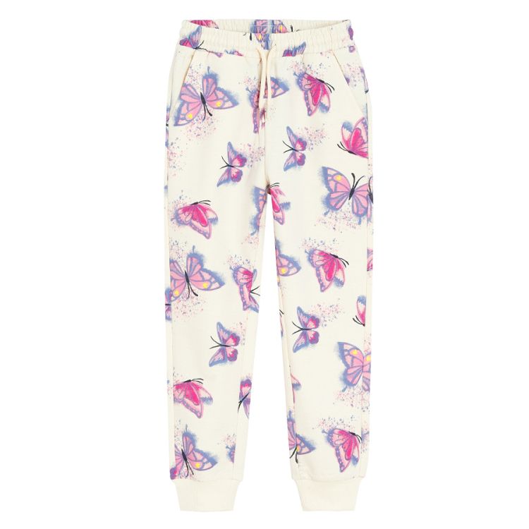 White sweatshirt and joggings pants set with butterflies print- 2 pack