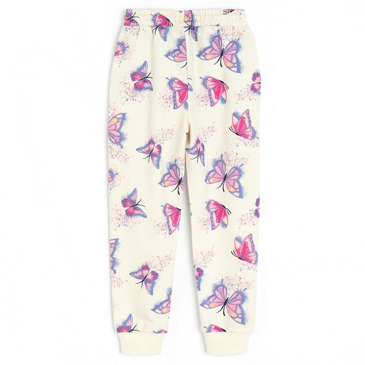 White sweatshirt and joggings pants set with butterflies print- 2 pack