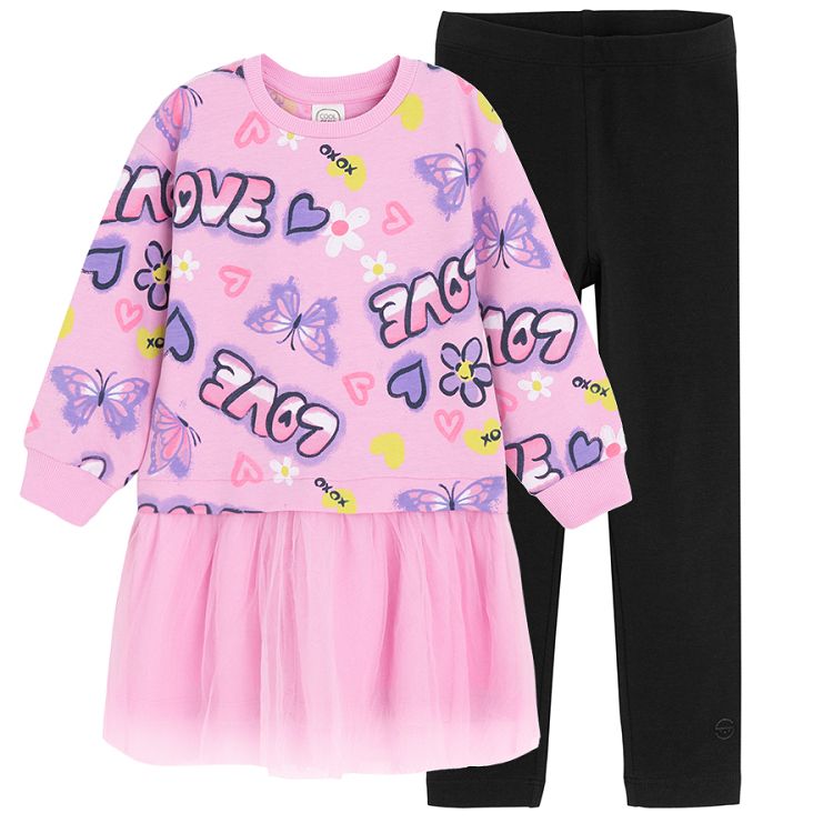 Pink dress with LOVE and butterlfies print and leggings set- 2 pieces