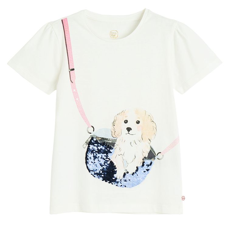 White T-shirt with puppy in belt bag print