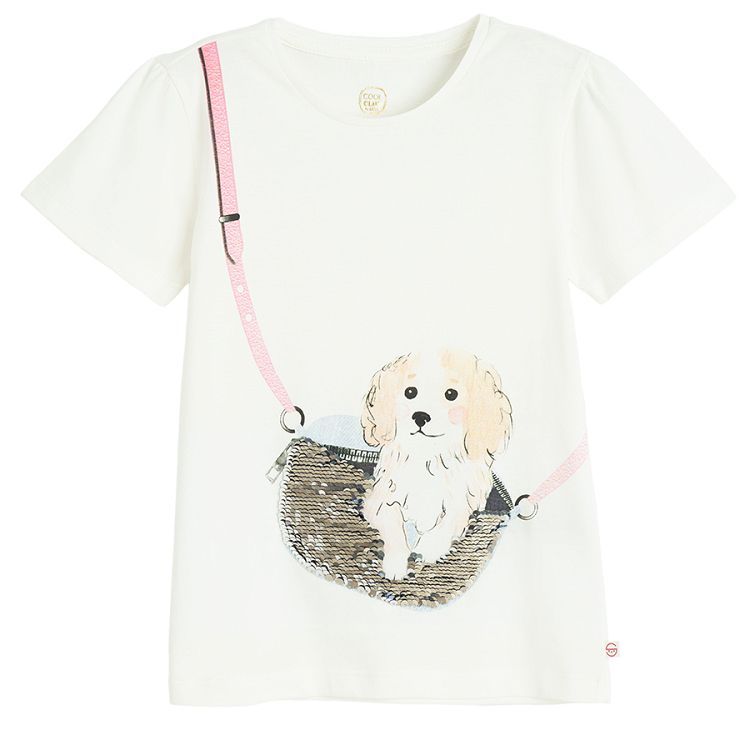 White T-shirt with puppy in belt bag print