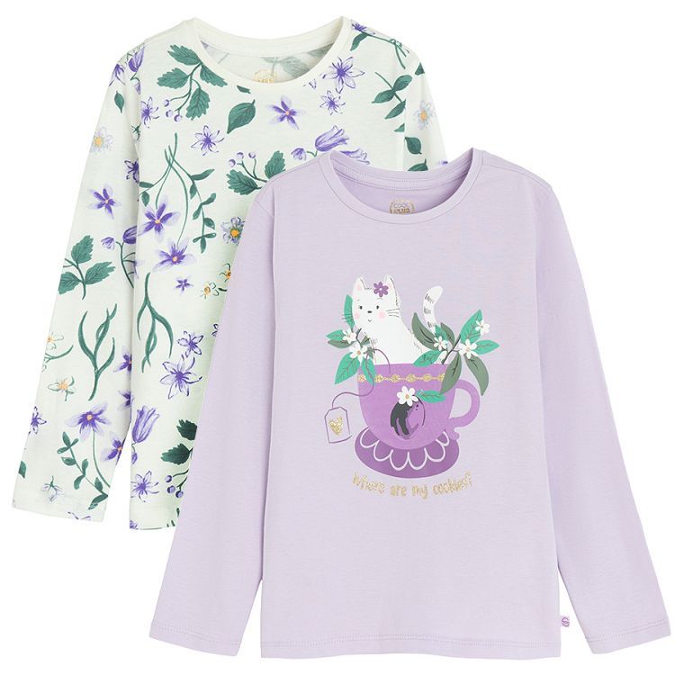 White floral and violet with animal in a cup print blouses- 2 pack