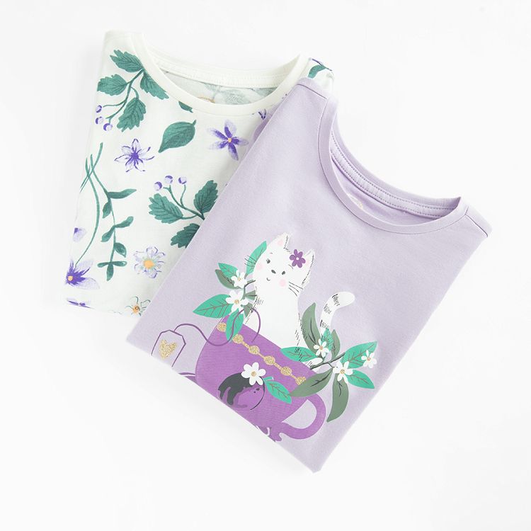 White floral and violet with animal in a cup print blouses- 2 pack