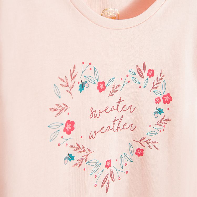 Pink blouse with heart and sweater weather print