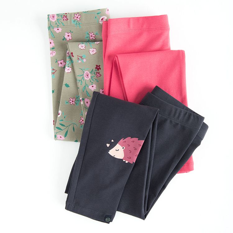 Green floral, red and blue leggings - 3 pack