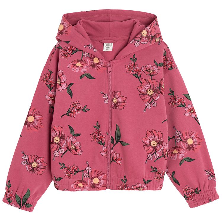 Burgundy floral Zip through hooded sweatshirt