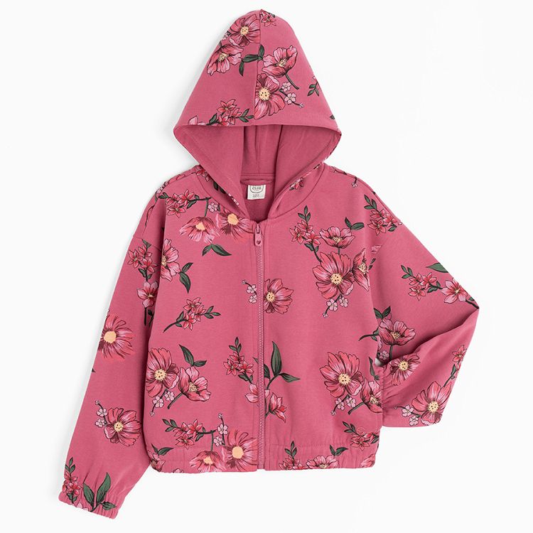 Burgundy floral xip through hooded sweatshirt