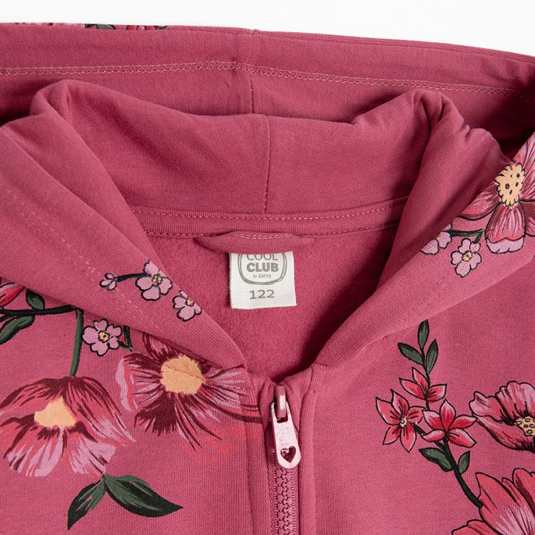 Burgundy floral xip through hooded sweatshirt