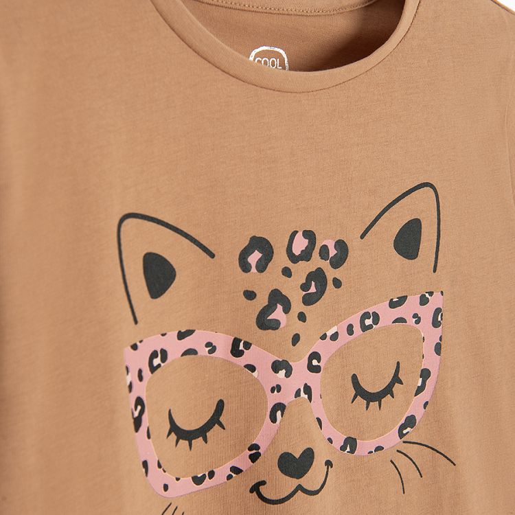 Light brown blouse with kitten with glasses print