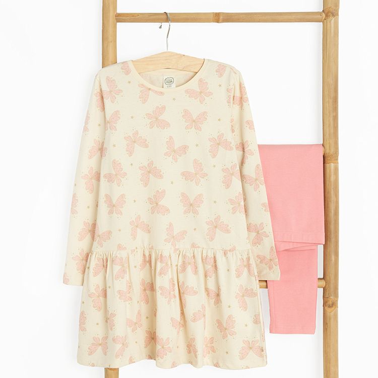 White long sleeve dress with butterflies print and pink leggings set