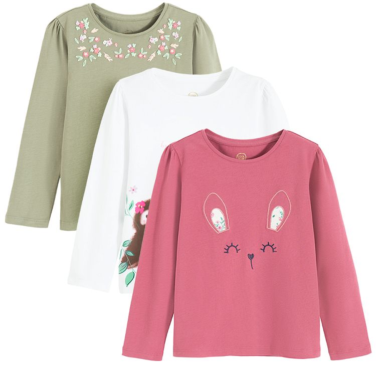 Green, burgundy with bunny and white with owl print blouses- 3 pack