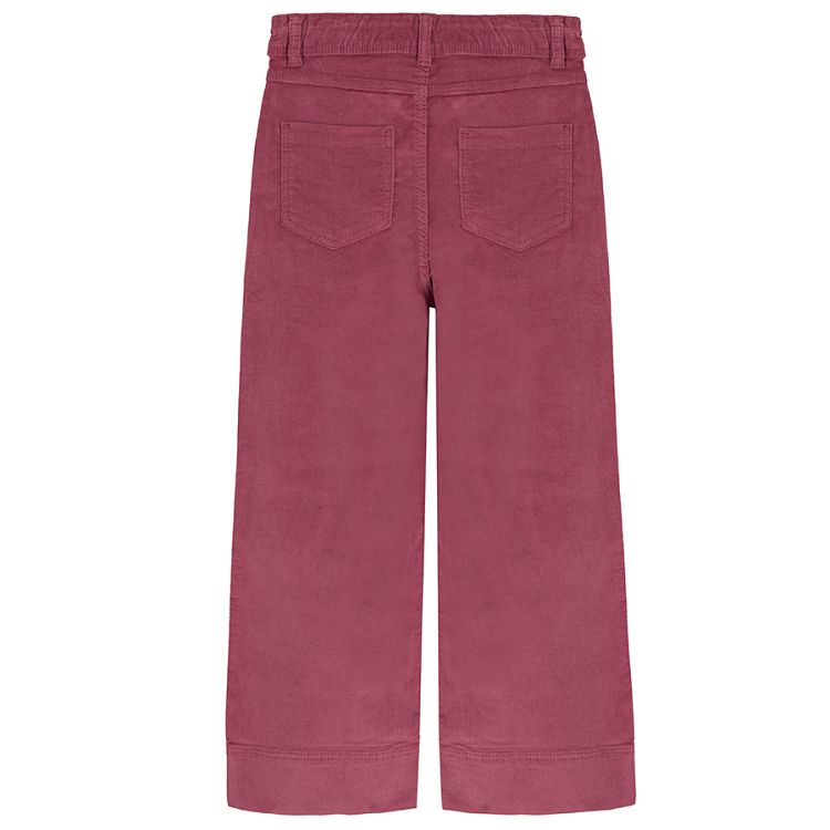 Burgundy trousers with flowers embroidered around the pockets