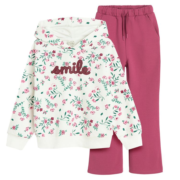 White floral hooded sweatshirt and dark pink jogging pants set - 2 pieces