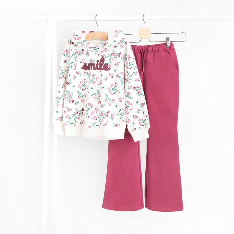 White floral hooded sweatshirt and dark pink jogging pants set - 2 pieces