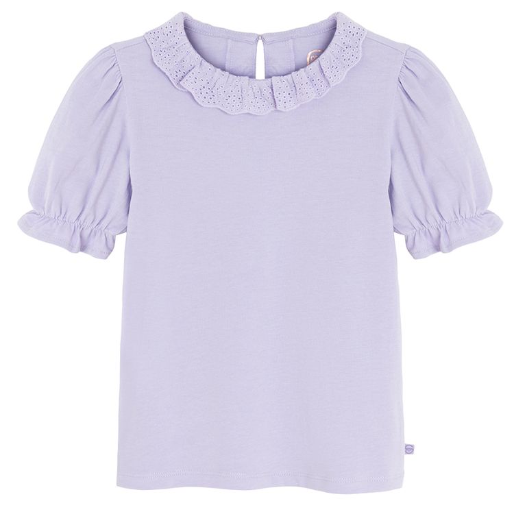 Puple short sleeve blouse with puffy sleeves and lace collar