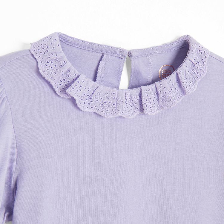 Puple short sleeve blouse with puffy sleeves and lace collar