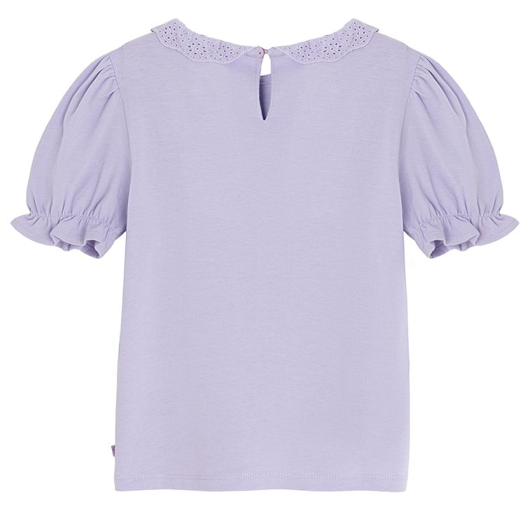 Puple short sleeve blouse with puffy sleeves and lace collar