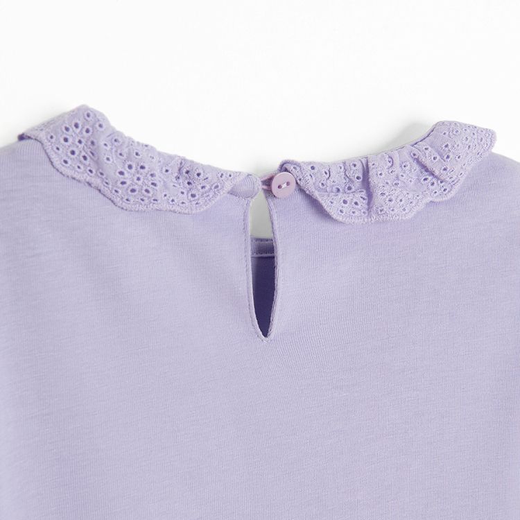 Puple short sleeve blouse with puffy sleeves and lace collar