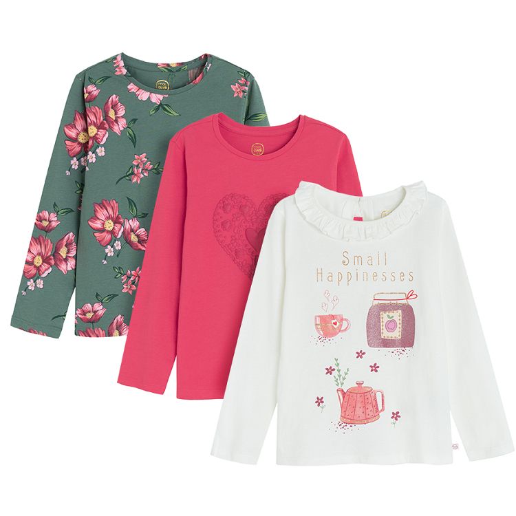 Red with heart, green floral and white with sweet delights print blouses- 3 pack