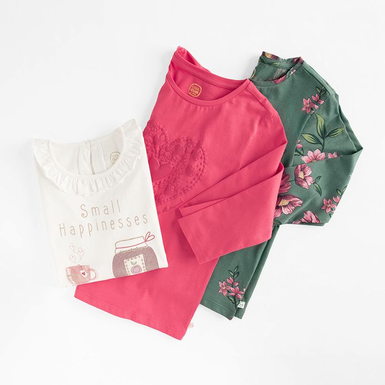 Red with heart, green floral and white with sweet delights print blouses- 3 pack