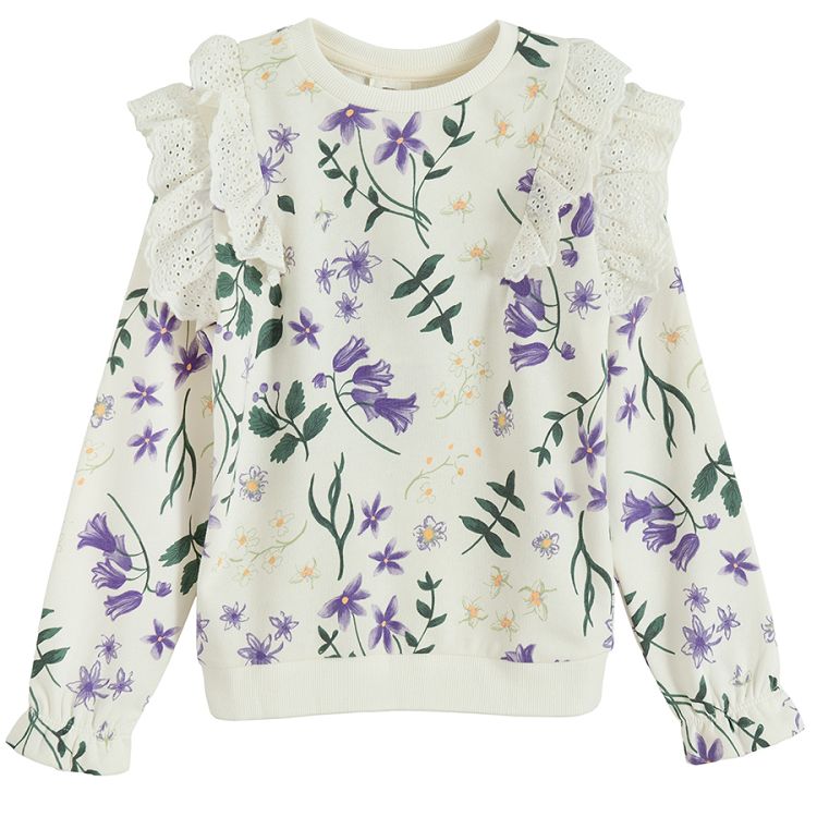 White sweatshirt with purple flowers and ruffles blouse