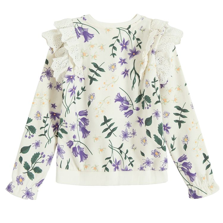 White sweatshirt with purple flowers and ruffles blouse