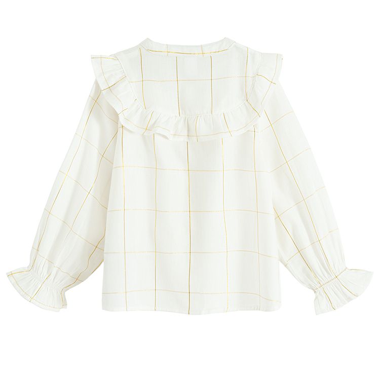 White long sleeve shirt with square ruffle and ruffles on the wrists