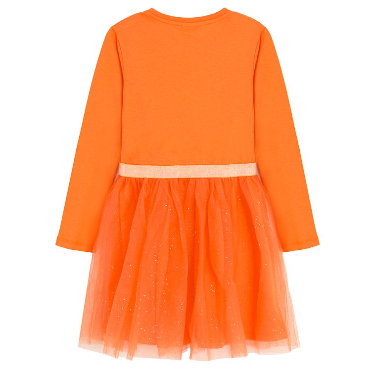 Orange long sleeve dress with Halloween spiderweb print and tulle skirt