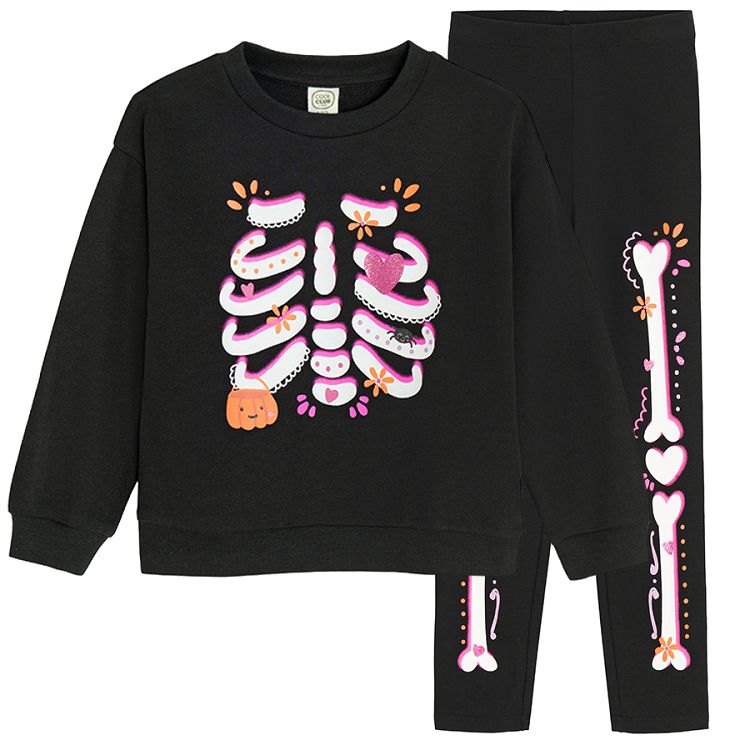 Black Halloween jogging set with skeleton print, sweatshirt and pants