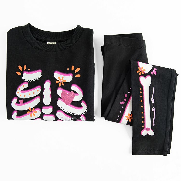 Black Halloween jogging set with skeleton print, sweatshirt and pants