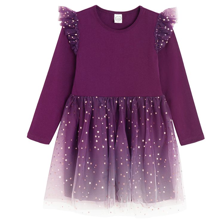 Purple long sleeve dress with tulle skirt and stars print