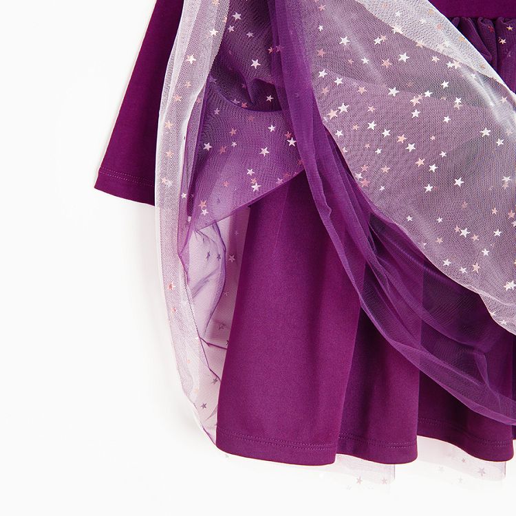 Purple long sleeve dress with tulle skirt and stars print