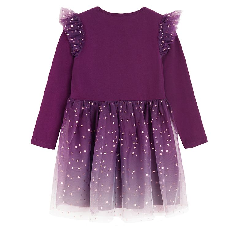 Purple long sleeve dress with tulle skirt and stars print