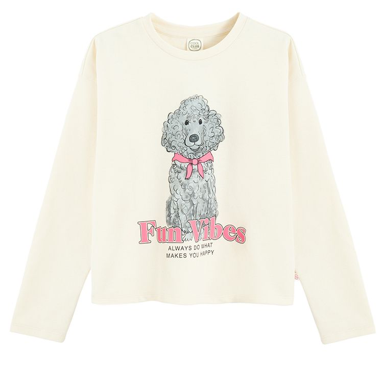 Ecru blouse with puppy and FUN VIBES print