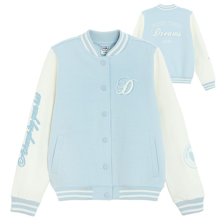 White and light blue buttons sweatshirt with D and Dreams print on the back