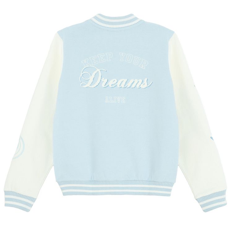 White and light blue buttons sweatshirt with D and Dreams print on the back