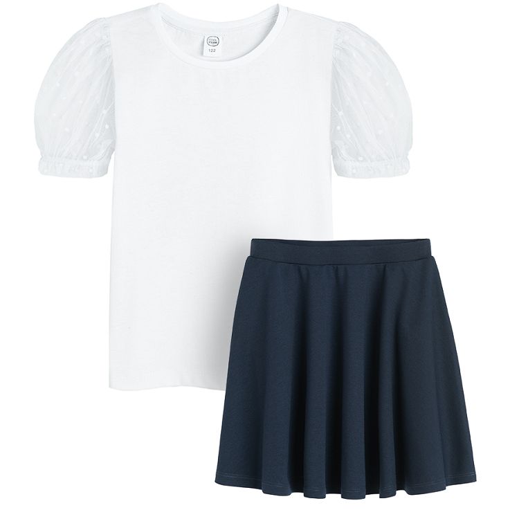 White short sleeve puffy blouse and blue skirt set - 2 pieces