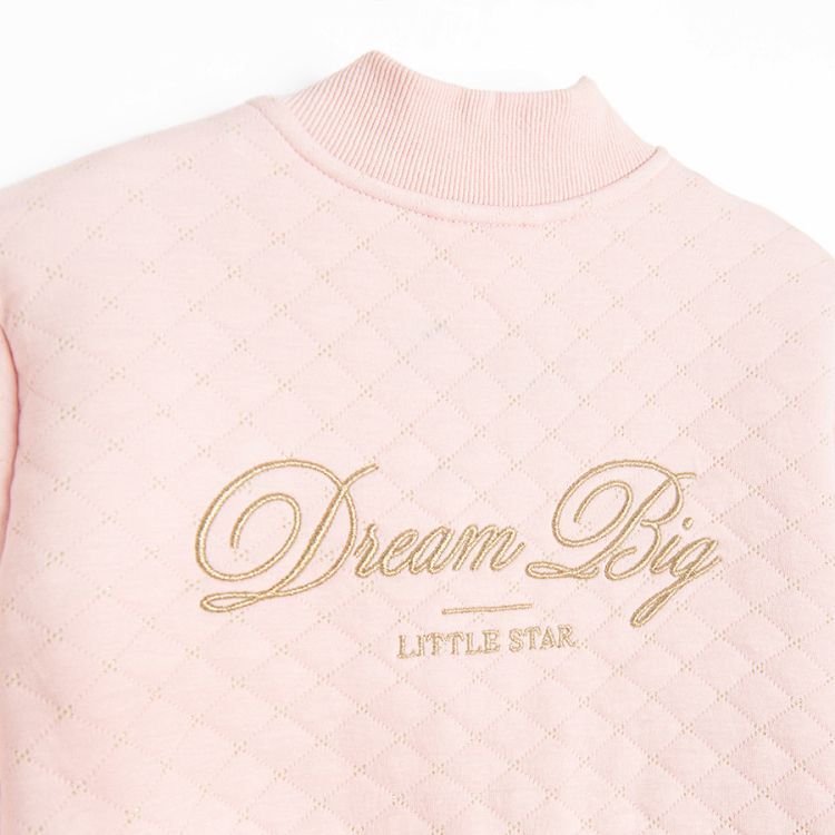 Pink zip through sweatshirt with Dream Big on the back