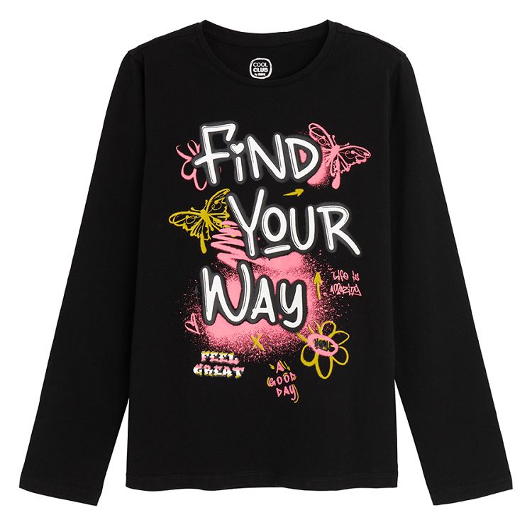 Black long sleeve blouse with Find Your Way print