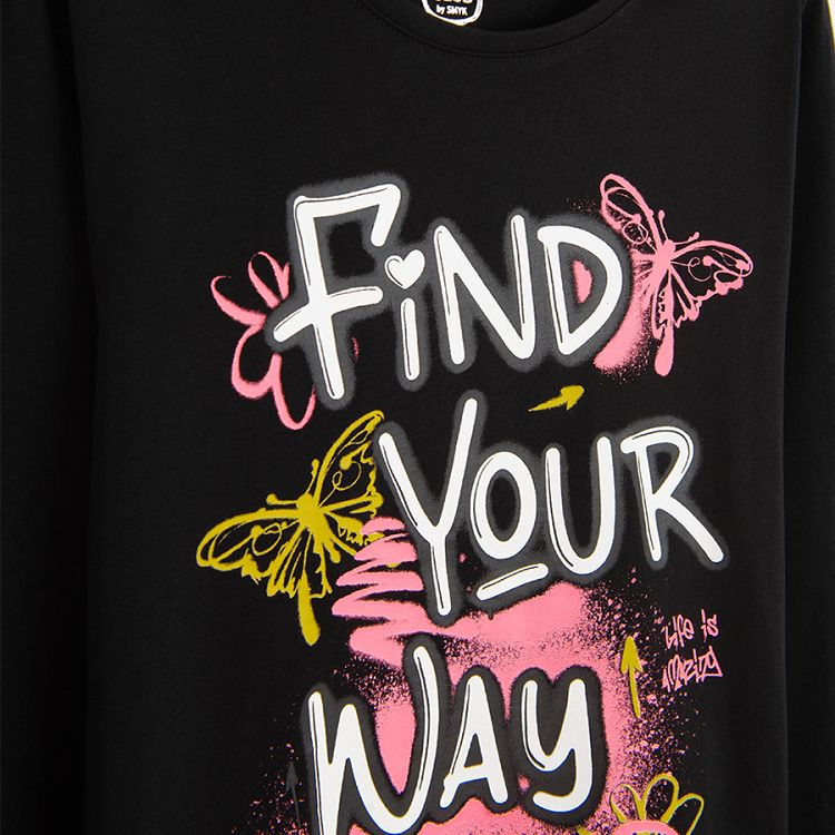 Black long sleeve blouse with Find Your Way print