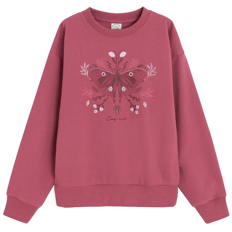 Deep red sweatshirt with butterfly print