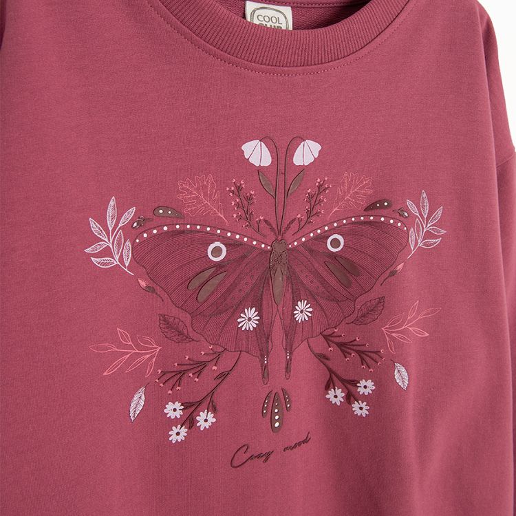 Deep red sweatshirt with butterfly print