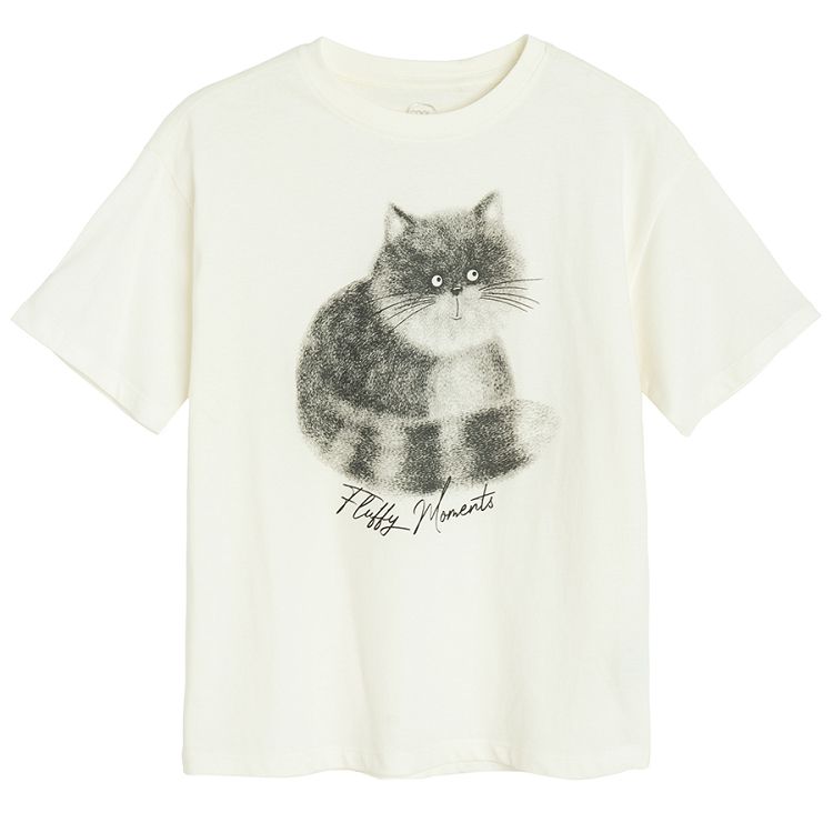 Ecru T-shirt with Halloween black cat print