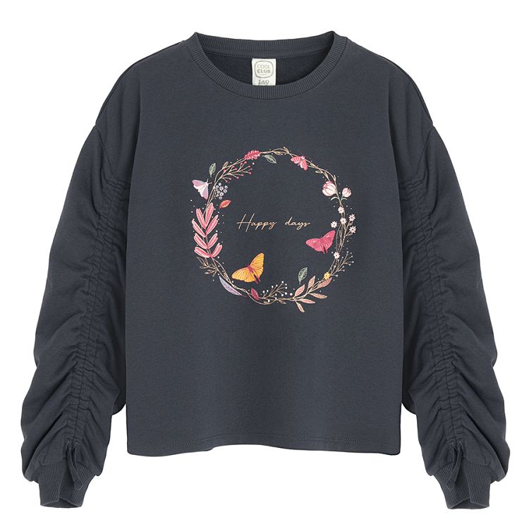 Dark grey sweatshirt with flower wreath and Happy Hour print